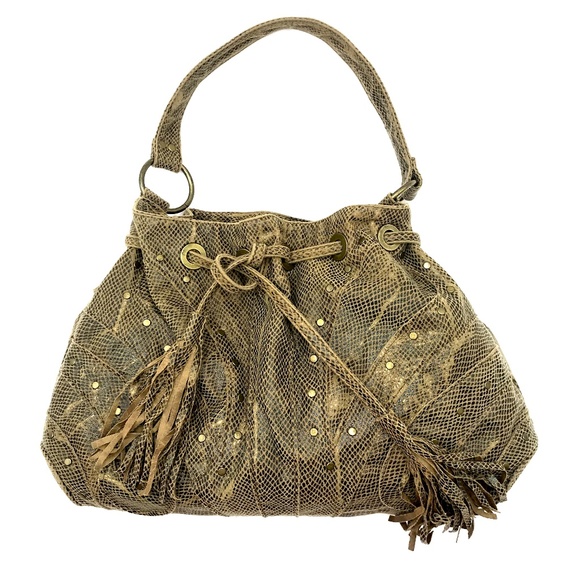 Lulus Handbags - LuLu Tan Snake Print Drawstring Hand Bag